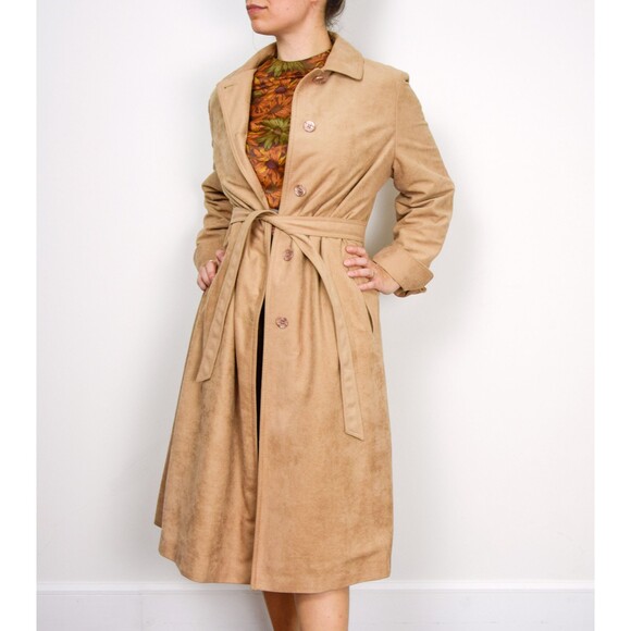 1970s Camel Trench Coat Size Medium 70s Minimalist Jacket Tan Wrap Trench Coat - Picture 3 of 10